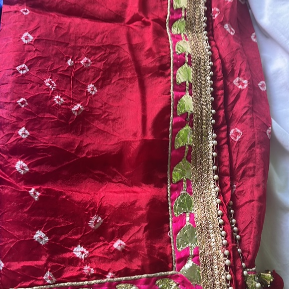 Blue red Indian dress medium petite short sleeve bandhni dupatta pearl border - Picture 3 of 6